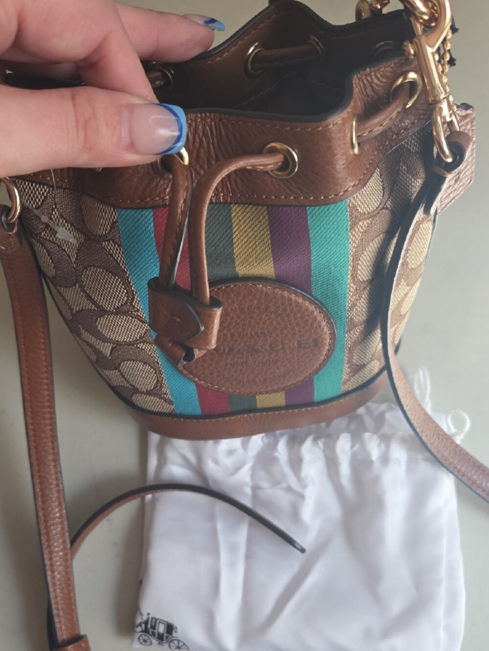 Coach Brown Demsey Signature Canvas Bucket Bag with Multicolor Stripe - Picture 5 of 6
